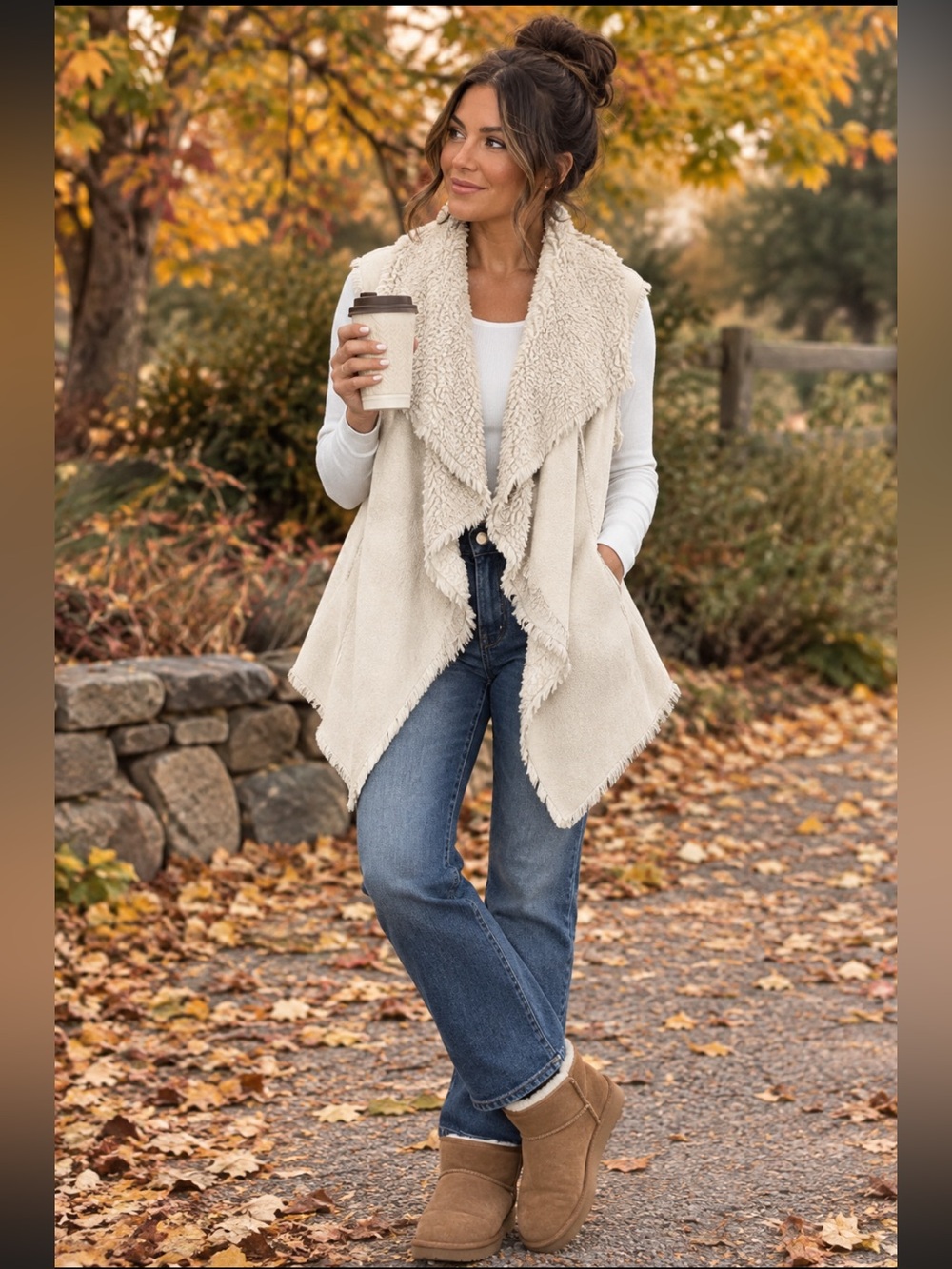 KNOX ROSE Sherpa Lined Faux Suede womens Vest XS cascading front Cream color